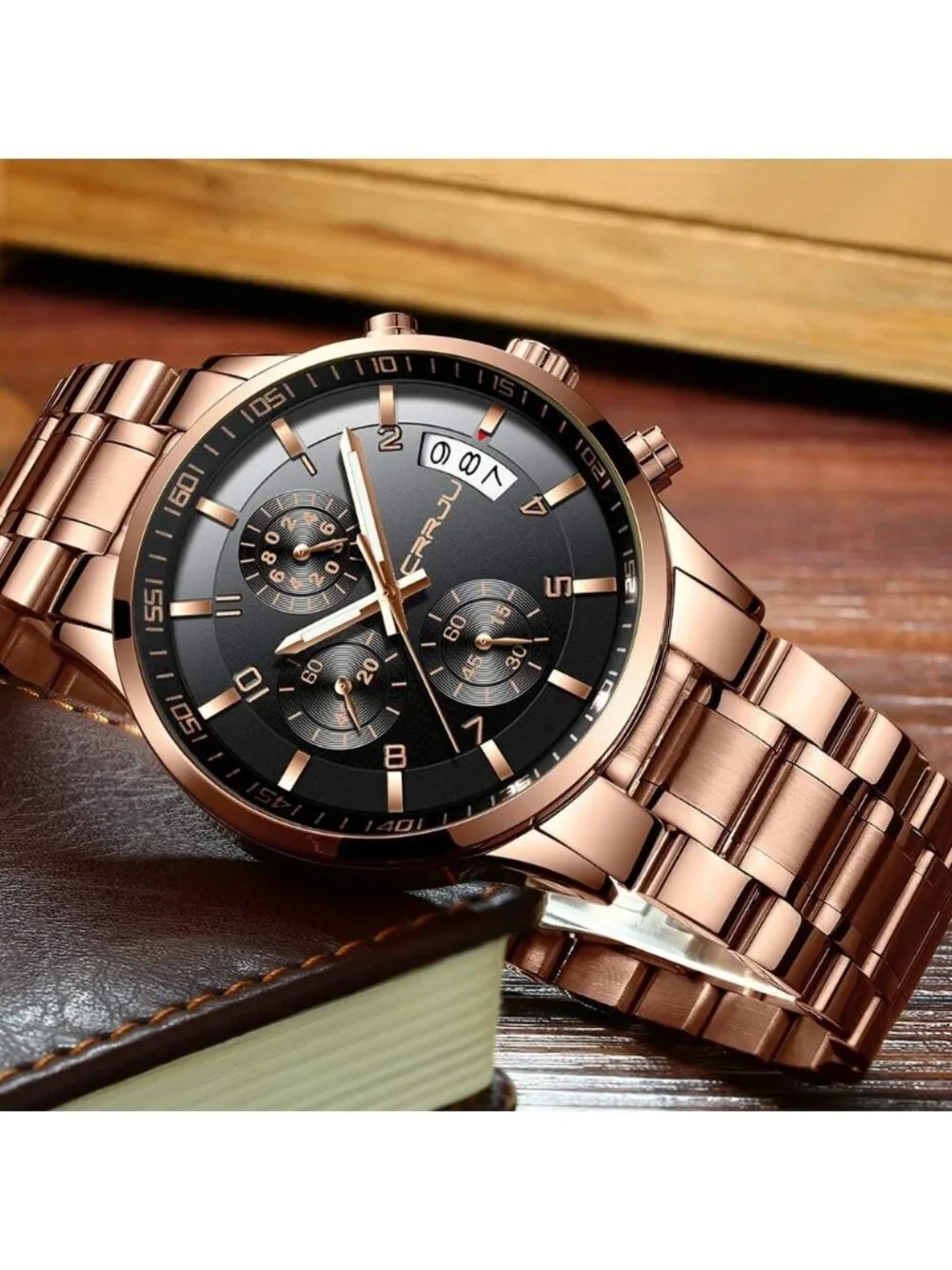 Men's Rose Gold Black Analog Stainless Steel Waterproof Chronograph Wrist Watch